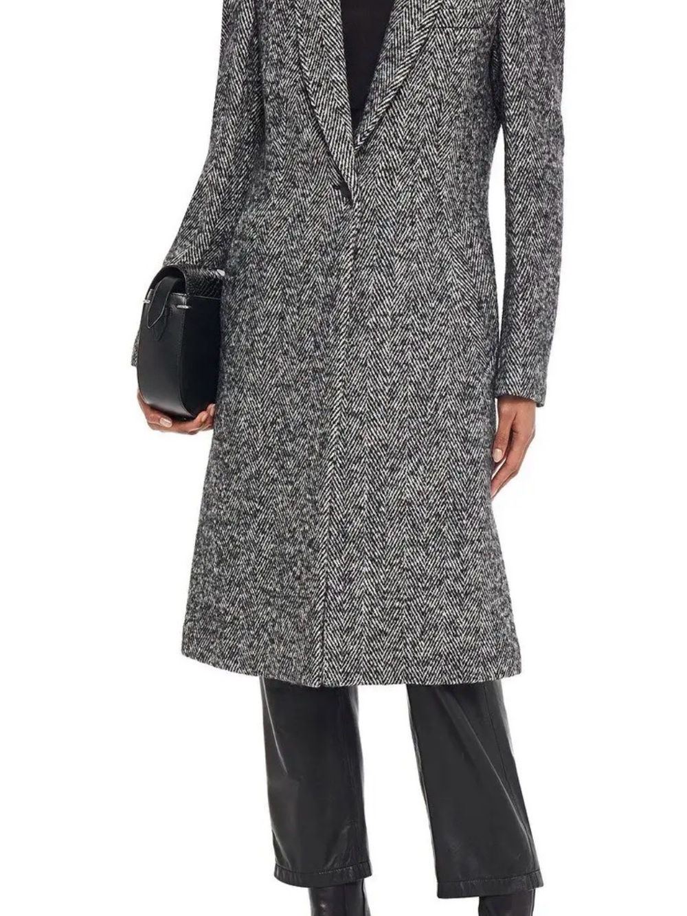 Wool-Blend Herringbone Long Coat in Black & White